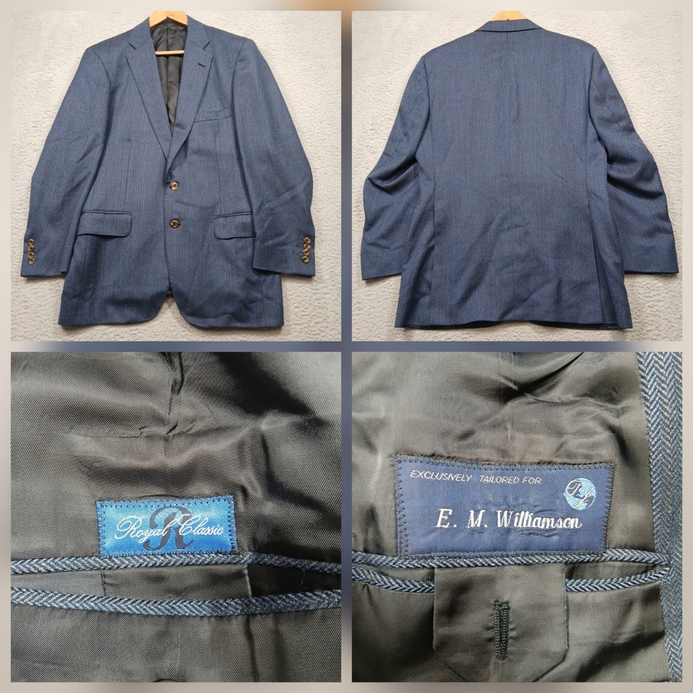 Royal Classic Tailored Blazer Men's 44R Blue Herringbone‎ Wool Two Button